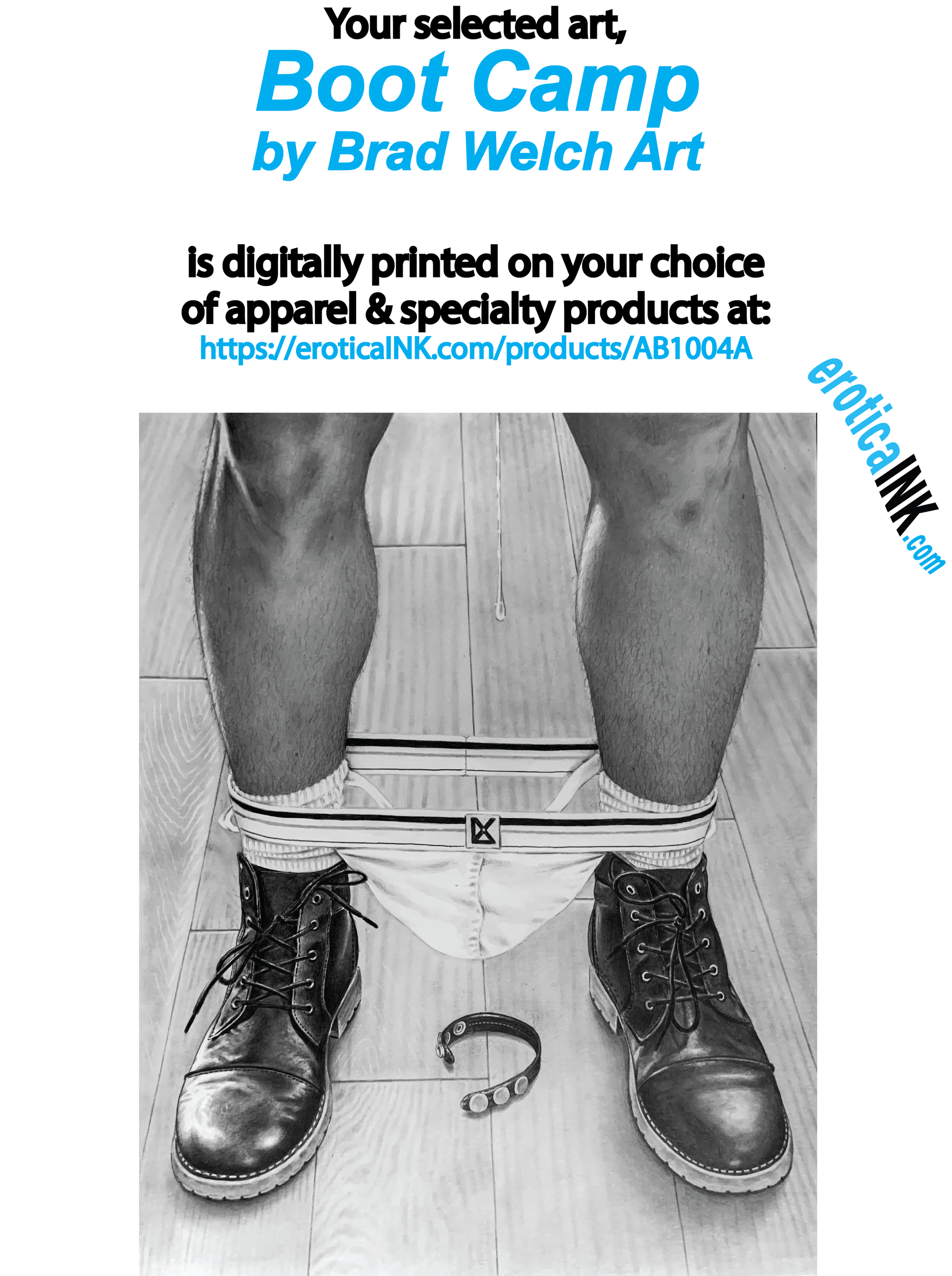 AB1004A BOOT CAMP MALE BY BRAD WELCH ART is artwork digitally printed on apparel and bags: t-shirt, tank, hoodie, denim jacket. black, white, red, blue, stonewash. S-3x. USA printed; Ships USA &amp; Interntl. You can also upload your own art