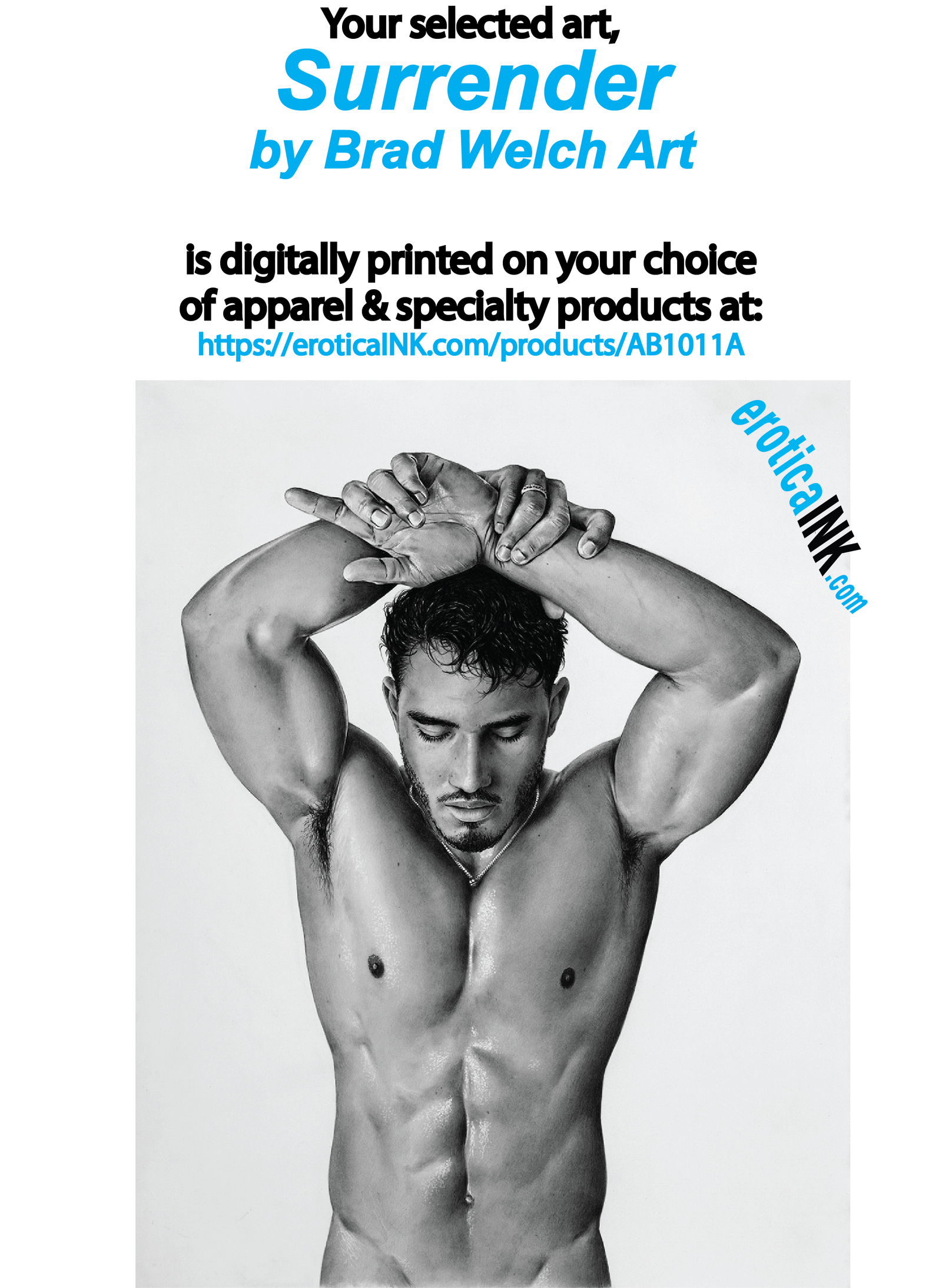 AB1011A SURRENDER BY BRAD WELCH ART is artwork digitally printed on apparel and bags: t-shirt, tank, hoodie, denim jacket. black, white, red, blue, stonewash. S-3x. USA printed; Ships USA & Interntl. You can also upload your own art