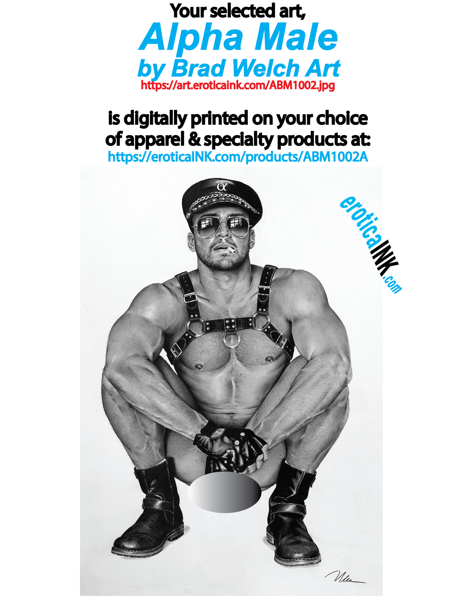 ABM1002A ALPHA MALE BY BRAD WELCH ART is artwork digitally printed on apparel and bags: t-shirt, tank, hoodie, denim jacket. black, white, red, blue, stonewash. S-3x. USA printed; Ships USA & Interntl. You can also upload your own art