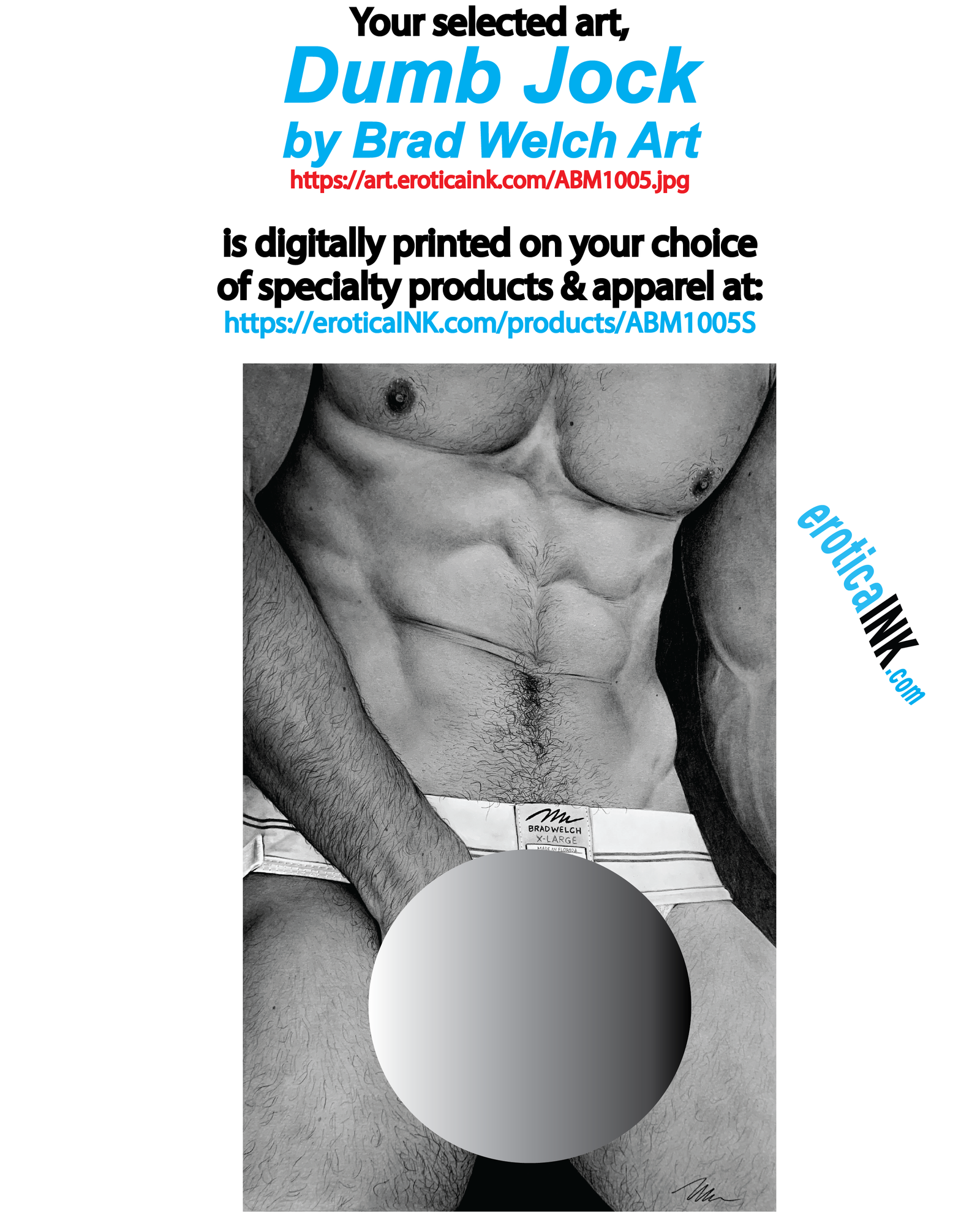 ABM1005A DUMB JOCK BY BRAD WELCH ART is artwork digitally printed on apparel and bags: t-shirt, tank, hoodie, denim jacket. black, white, red, blue, stonewash. S-3x. USA printed; Ships USA & Interntl. You can also upload your own art