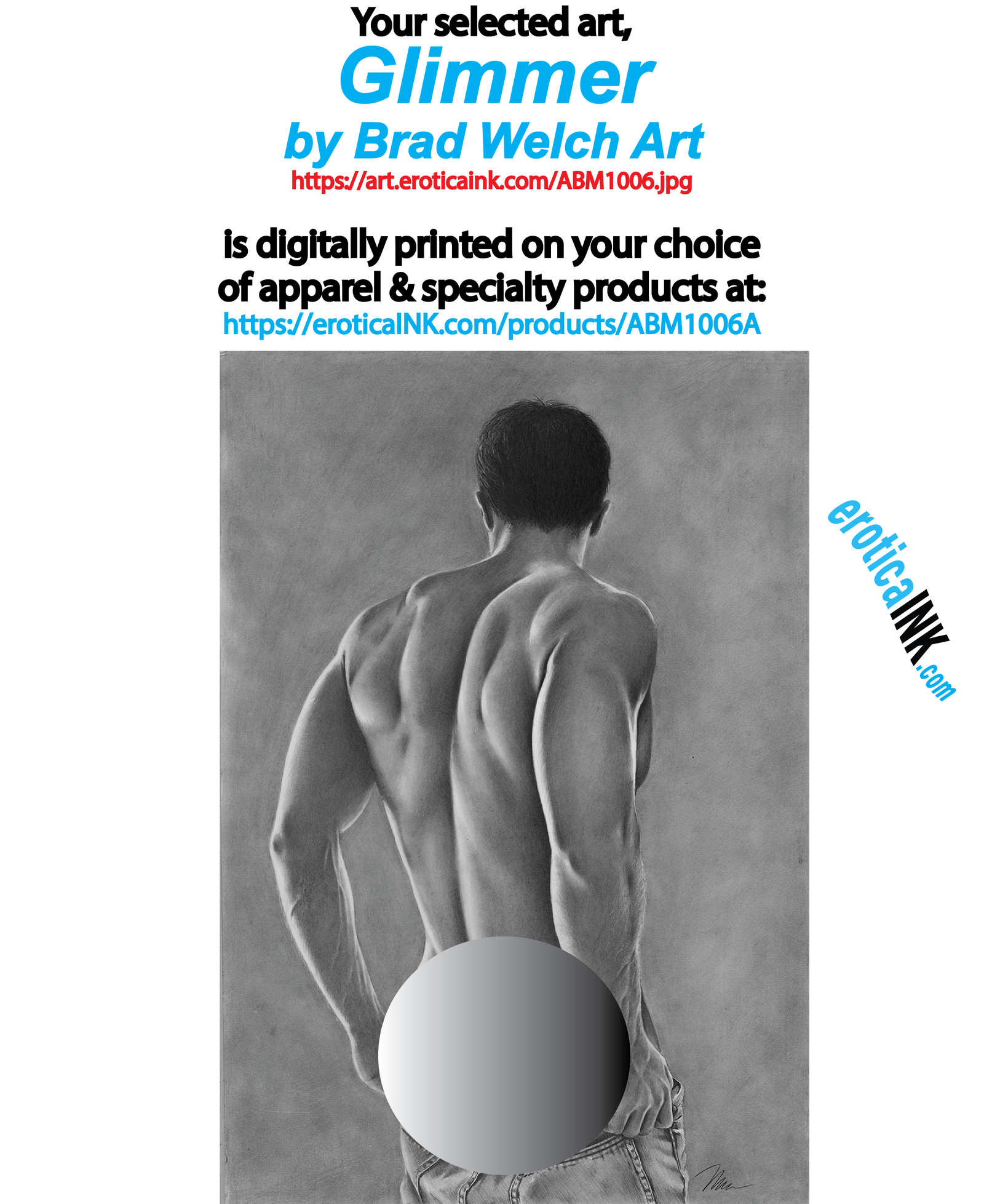 ABM1006A GLIMMER BY BRAD WELCH ART is artwork digitally printed on apparel and bags: t-shirt, tank, hoodie, denim jacket. black, white, red, blue, stonewash. S-3x. USA printed; Ships USA & Interntl. You can also upload your own art