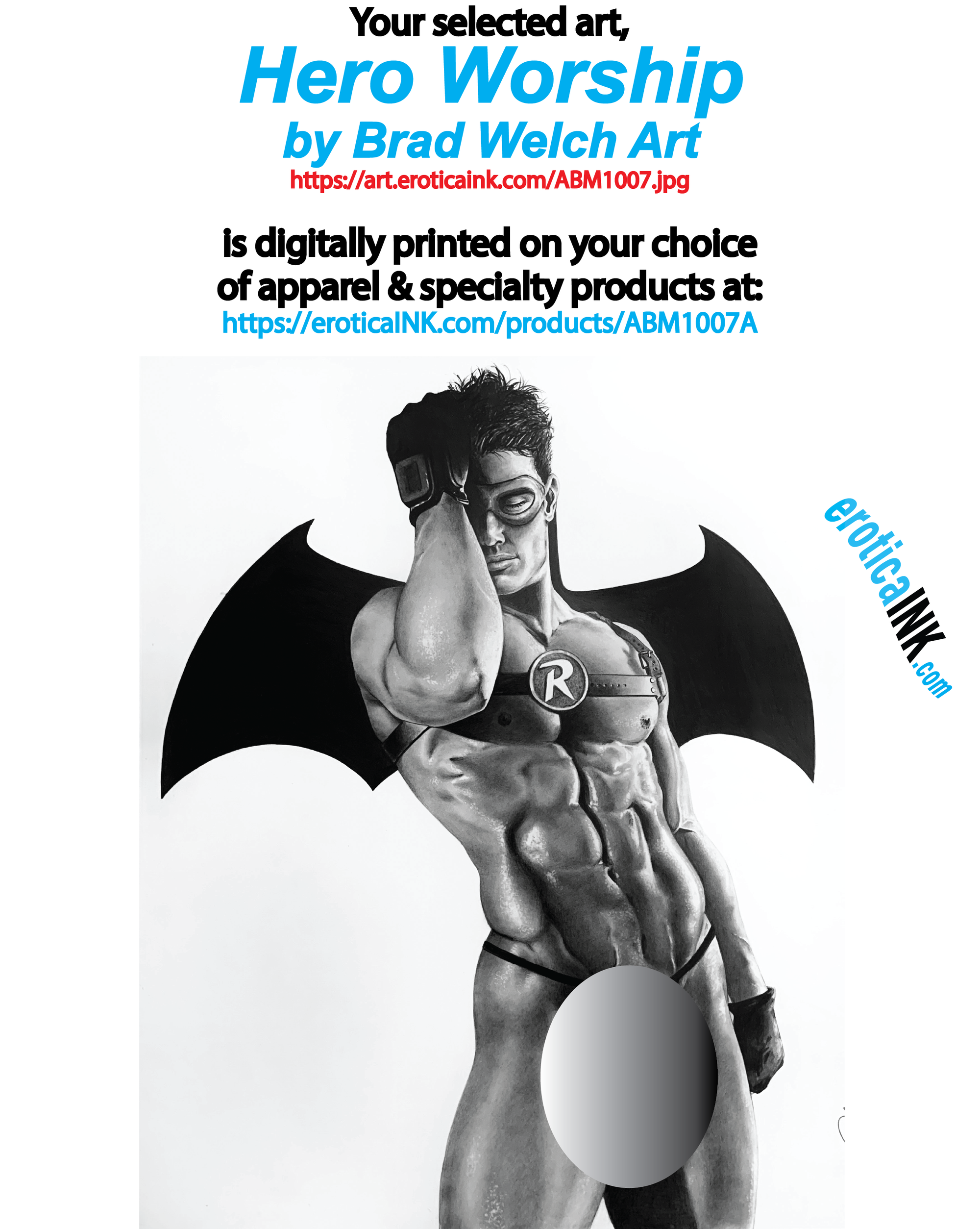 ABM1007A HERO WORSHIP BY BRAD WELCH ART is artwork digitally printed on apparel and bags: t-shirt, tank, hoodie, denim jacket. black, white, red, blue, stonewash. S-3x. USA printed; Ships USA & Interntl. You can also upload your own art