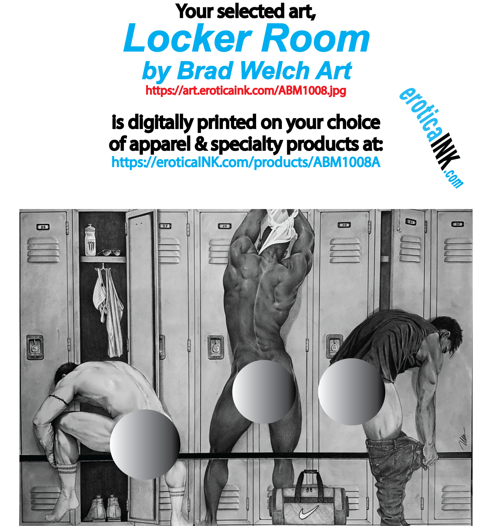 ABM1008A LOCKER ROOM BY BRAD WELCH ART is artwork digitally printed on apparel and bags: t-shirt, tank, hoodie, denim jacket. black, white, red, blue, stonewash. S-3x. USA printed; Ships USA & Interntl. You can also upload your own art