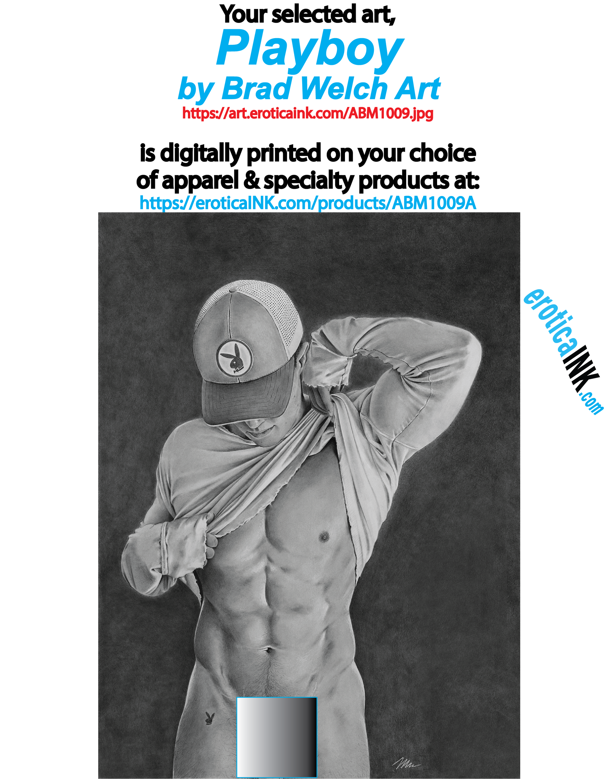 ABM1009A PLAYBOY BY BRAD WELCH ART is artwork digitally printed on apparel and bags: t-shirt, tank, hoodie, denim jacket. black, white, red, blue, stonewash. S-3x. USA printed; Ships USA & Interntl. You can also upload your own art