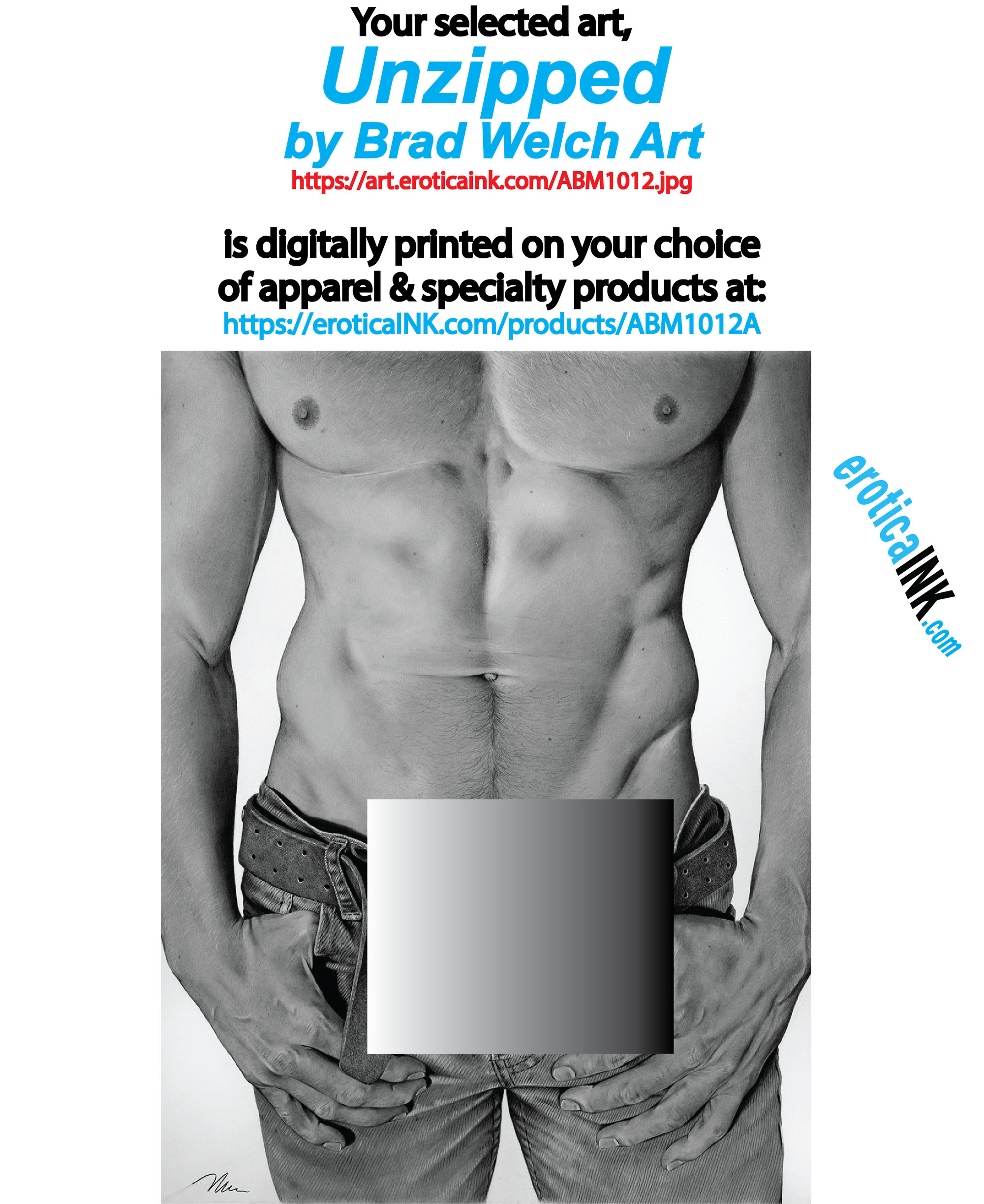 ABM1012A UNZIPPED BY BRAD WELCH ART is artwork digitally printed on apparel and bags: t-shirt, tank, hoodie, denim jacket. black, white, red, blue, stonewash. S-3x. USA printed; Ships USA &amp; Interntl. You can also upload your own art