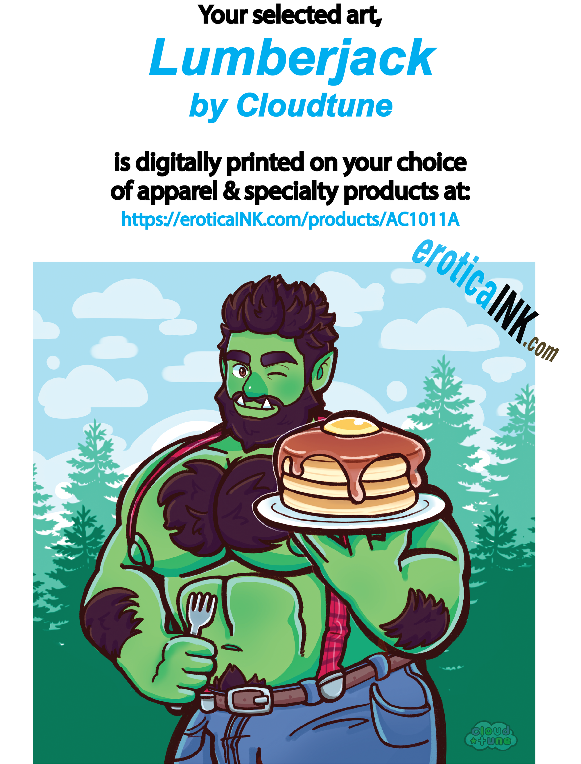 AC1011A LUMBERJACK by CLOUDTUNE is artwork digitally printed on apparel and bags: t-shirt, tank, hoodie, denim jacket. black, white, red, blue, stonewash. S-3x. USA printed; Ships USA &amp; Interntl. You can also upload your own art