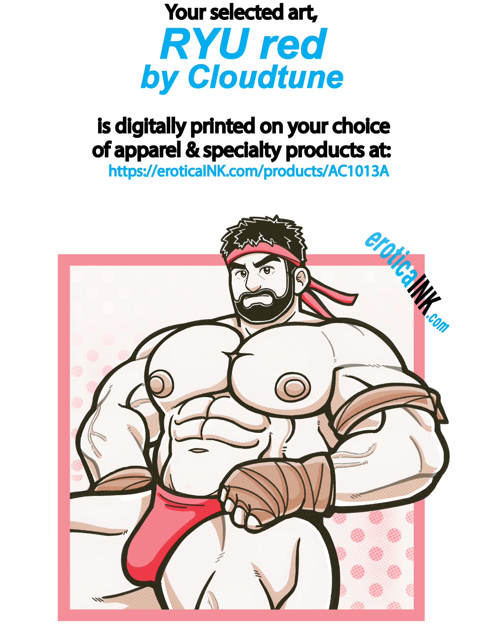 AC1013A RYU RED by CLOUDTUNE is artwork digitally printed on apparel and bags: t-shirt, tank, hoodie, denim jacket. black, white, red, blue, stonewash. S-3x. USA printed; Ships USA & Interntl. You can also upload your own art