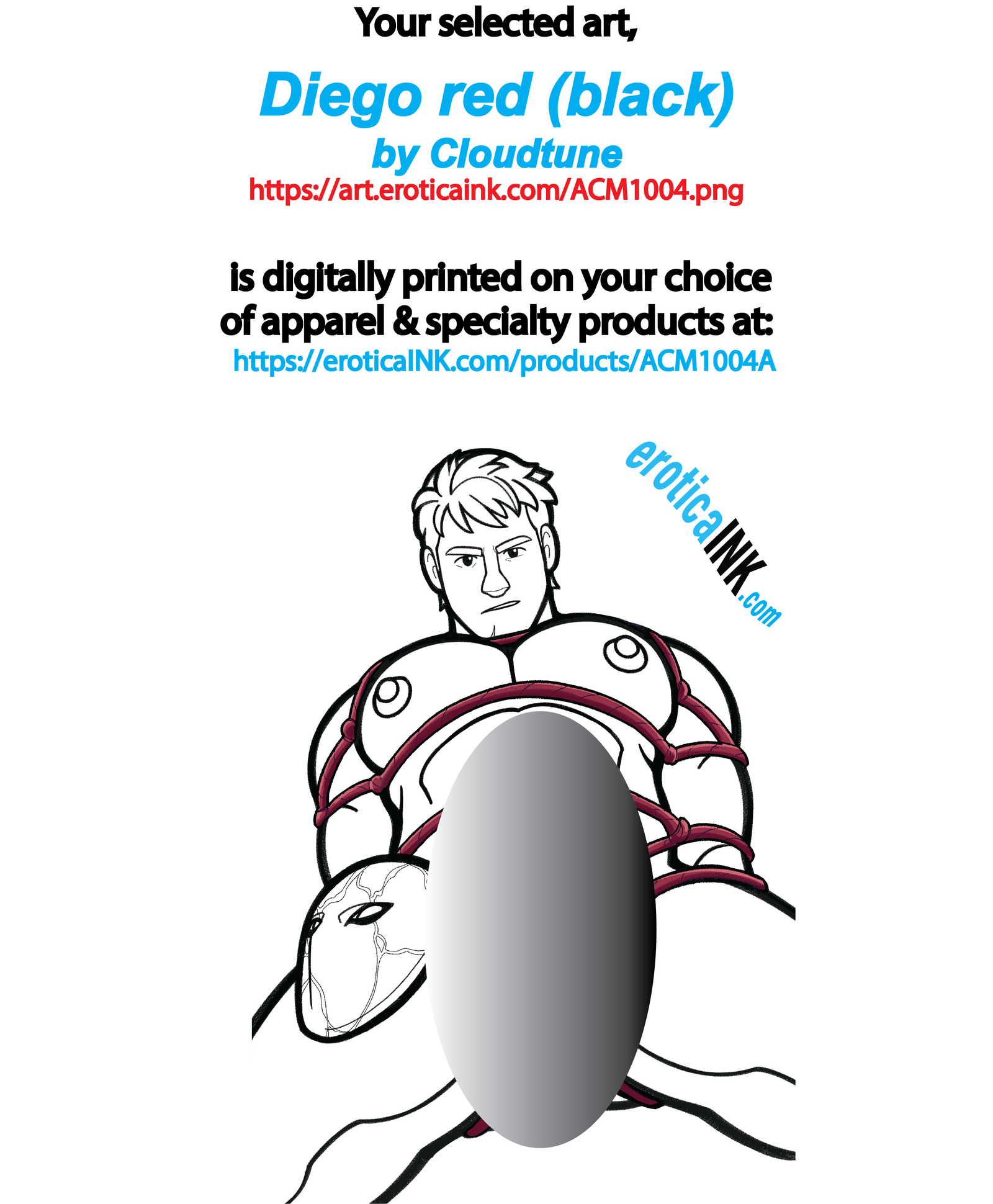 ACM1004A DIEGO RED (BLACK) BY CLOUDTUNE is artwork digitally printed on apparel and bags: t-shirt, tank, hoodie, denim jacket. black, white, red, blue, stonewash. S-3x. USA printed; Ships USA & Interntl. You can also upload your own art