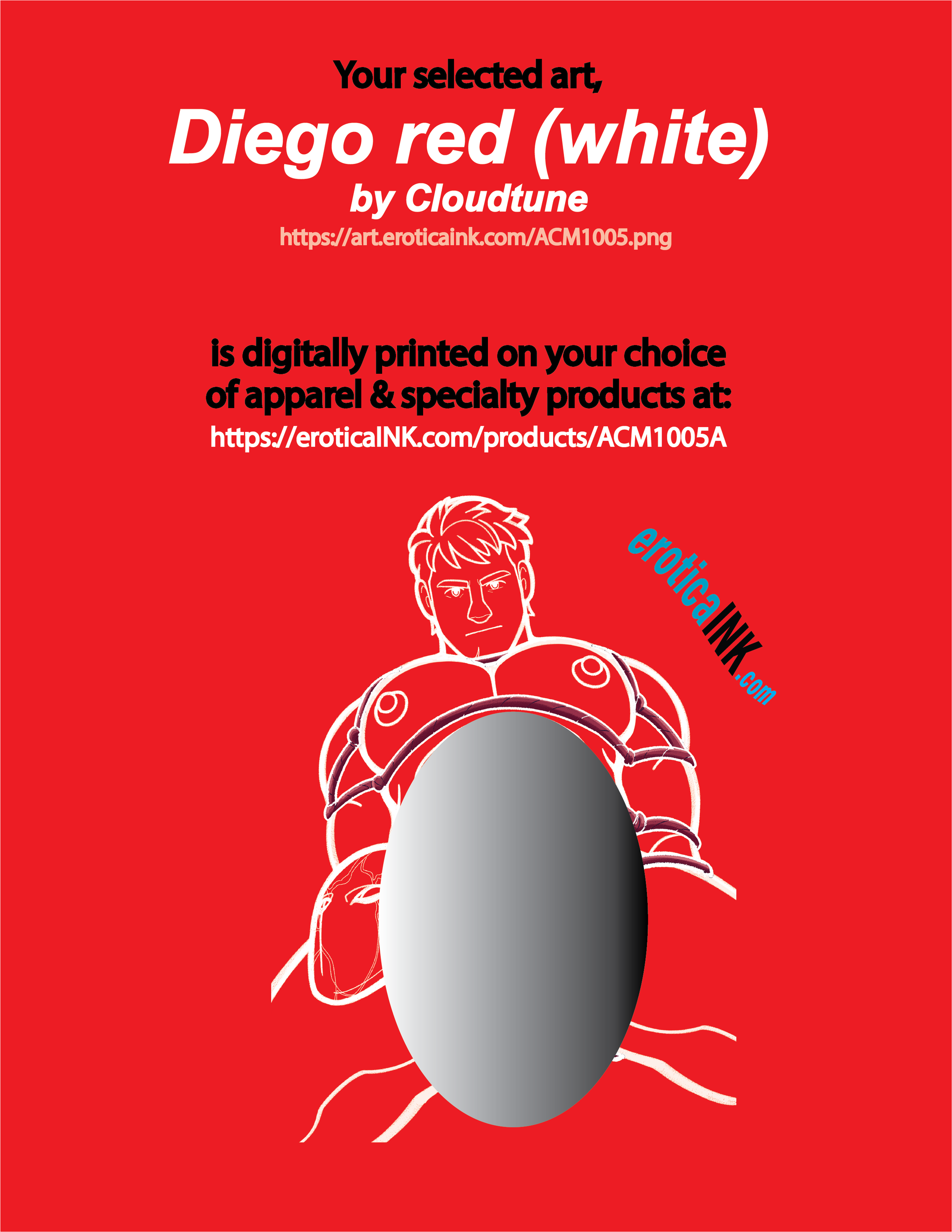 ACM1005A DIEGO RED (WHITE) BY CLOUDTUNE is artwork digitally printed on apparel and bags: t-shirt, tank, hoodie, denim jacket. black, white, red, blue, stonewash. S-3x. USA printed; Ships USA & Interntl. You can also upload your own art