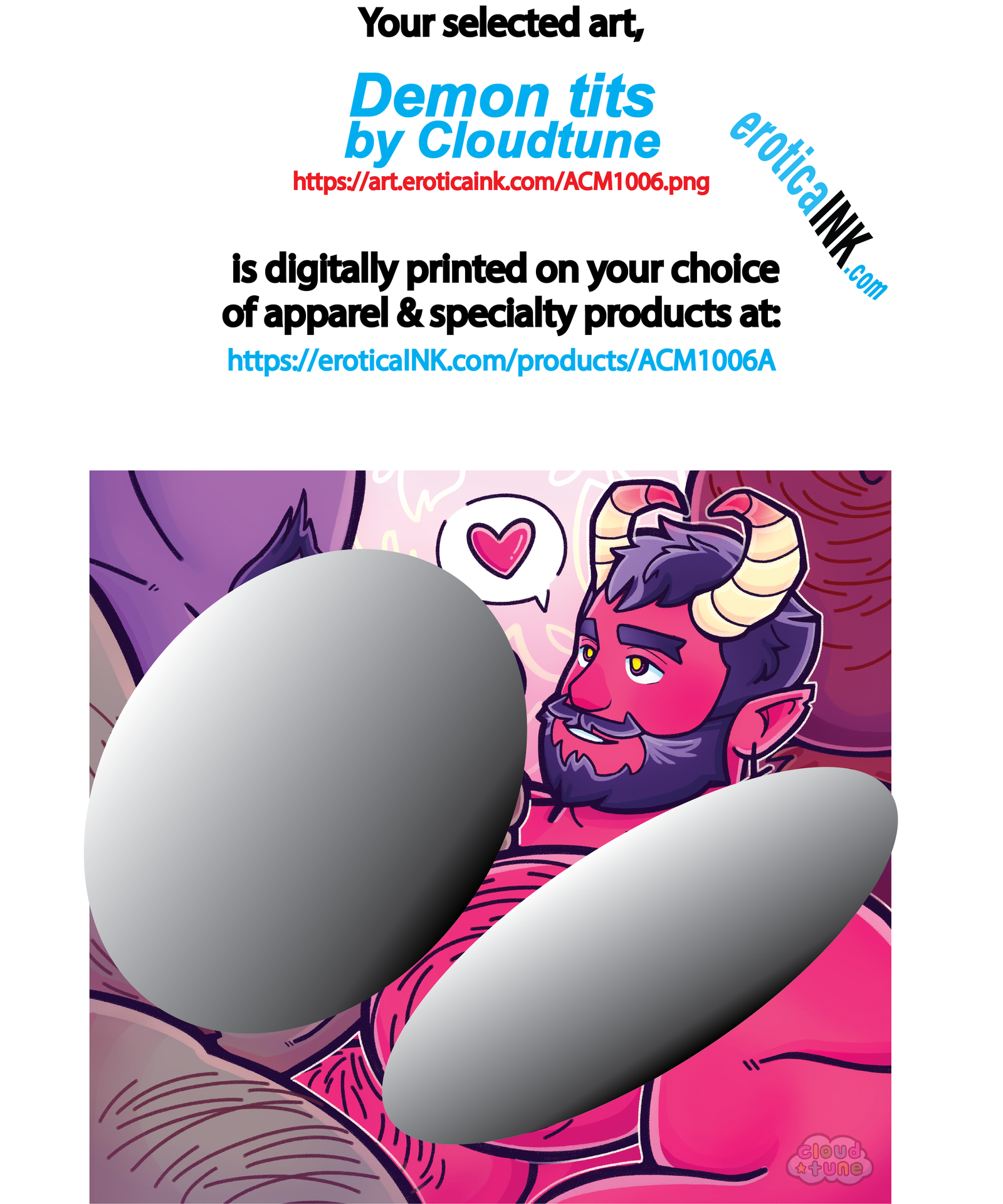 ACM1006A DEMON TITS by CLOUDTUNE is artwork digitally printed on apparel and bags: t-shirt, tank, hoodie, denim jacket. black, white, red, blue, stonewash. S-3x. USA printed; Ships USA & Interntl. You can also upload your own art