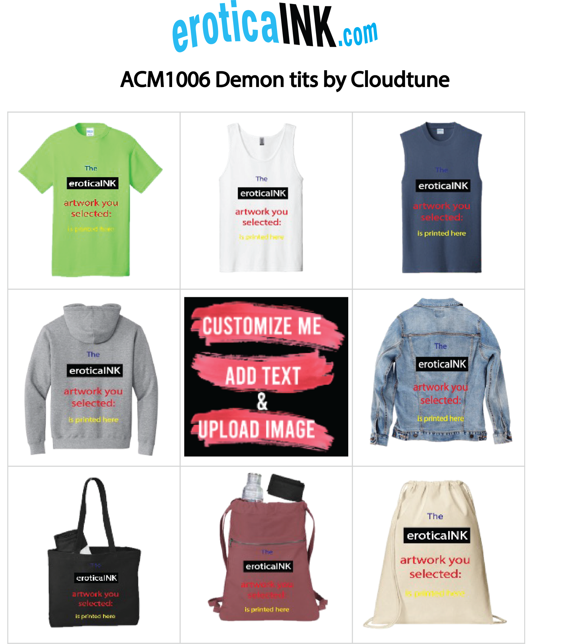 ACM1006A DEMON TITS by CLOUDTUNE is artwork digitally printed on apparel and bags: t-shirt, tank, hoodie, denim jacket. black, white, red, blue, stonewash. S-3x. USA printed; Ships USA &amp; Interntl. You can also upload your own art