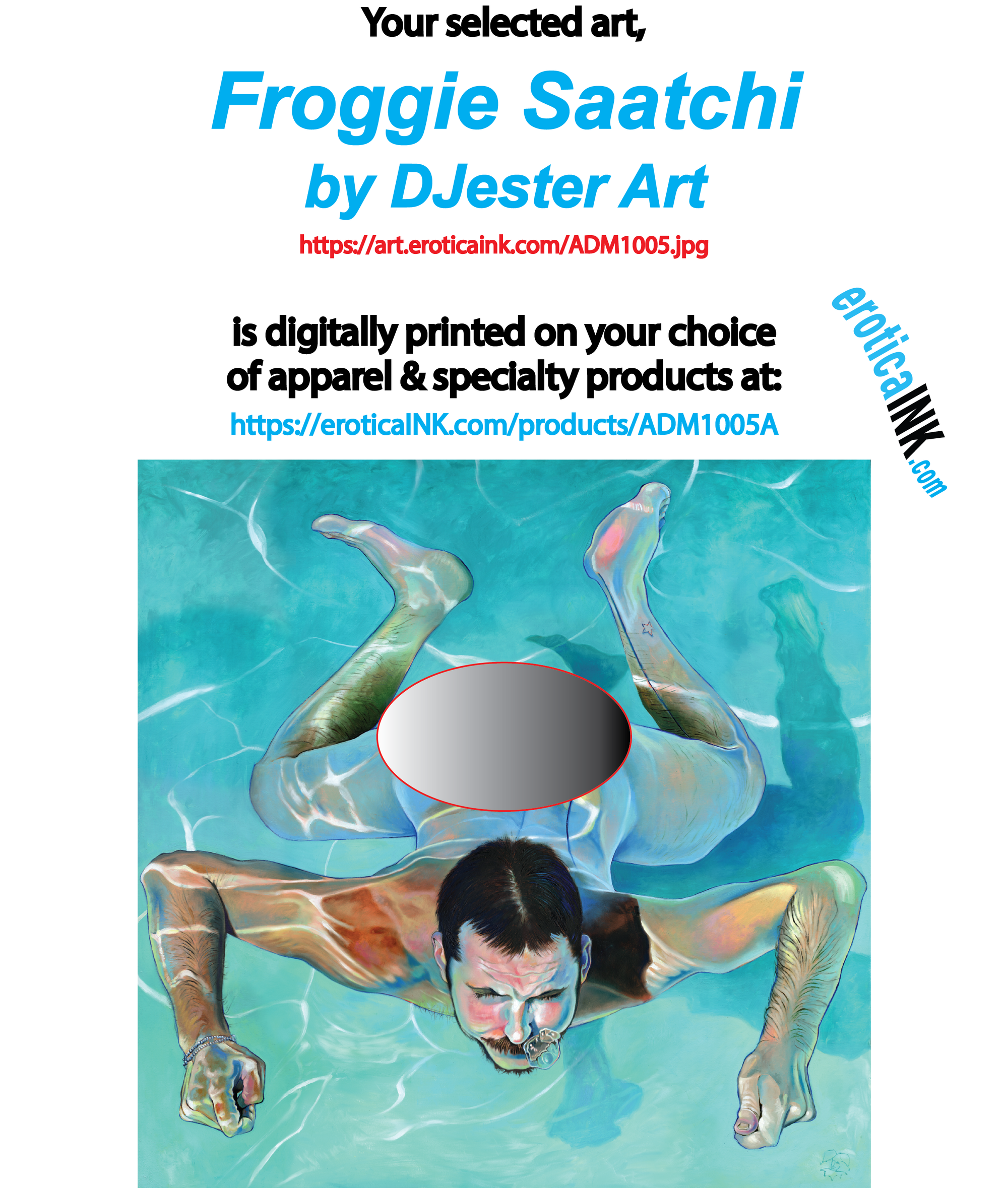 ADM1005A FROGGIE SAATCHI BY DJESTER ART is artwork digitally printed on apparel and bags: t-shirt, tank, hoodie, denim jacket. black, white, red, blue, stonewash. S-3x. USA printed; Ships USA & Interntl. You can also upload your own art