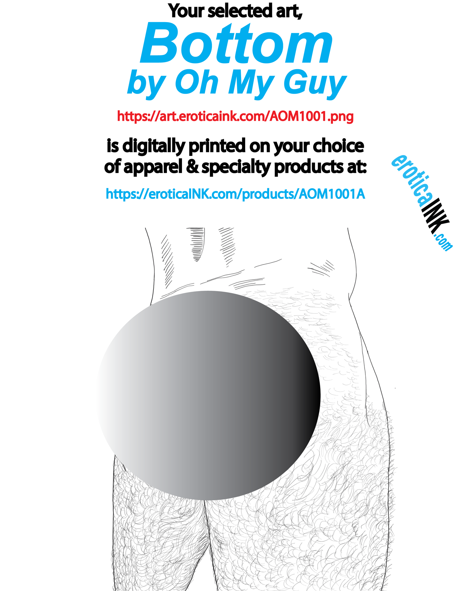 AOM1001A BOTTOM by OH MY GUY is artwork digitally printed on apparel and bags: t-shirt, tank, hoodie, denim jacket. black, white, red, blue, stonewash. S-3x. USA printed; Ships USA & Interntl. You can also upload your own art
