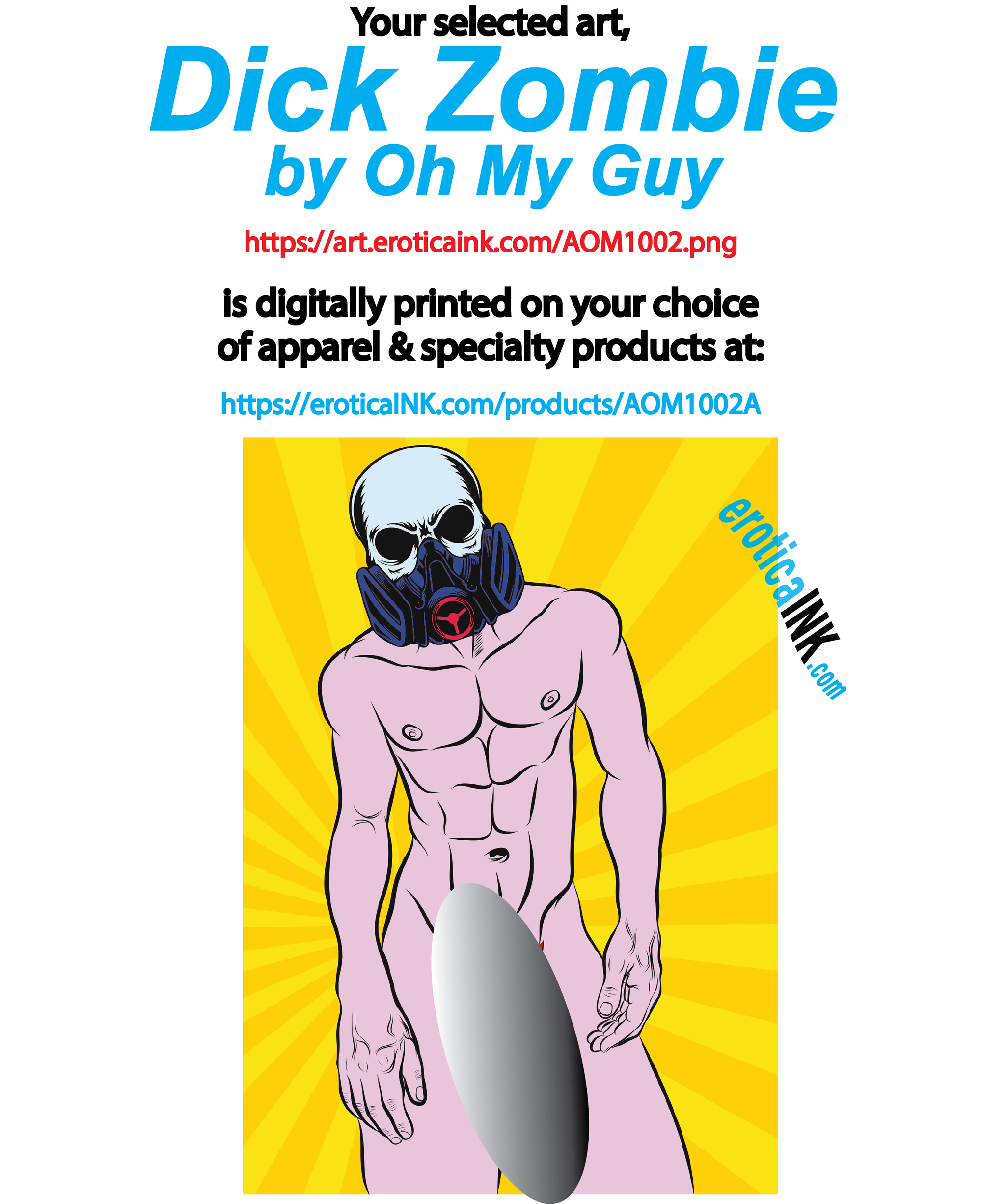 AOM1002A DICK ZOMBIE by OH MY GUY is artwork digitally printed on apparel and bags: t-shirt, tank, hoodie, denim jacket. black, white, red, blue, stonewash. S-3x. USA printed; Ships USA & Interntl. You can also upload your own art
