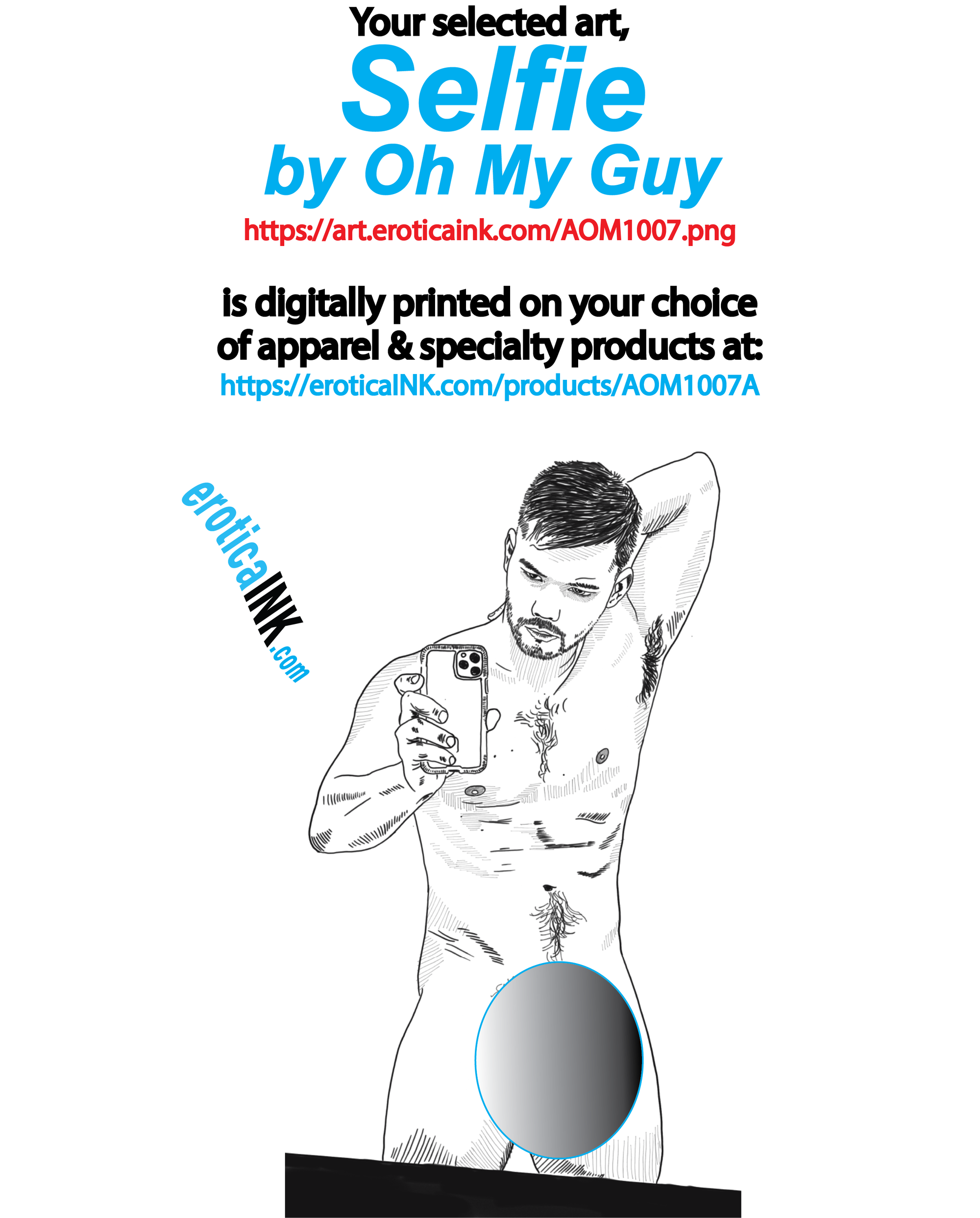 AOM1007A SELFIE by OH MY GUY is artwork digitally printed on apparel and bags: t-shirt, tank, hoodie, denim jacket. black, white, red, blue, stonewash. S-3x. USA printed; Ships USA & Interntl. You can also upload your own art