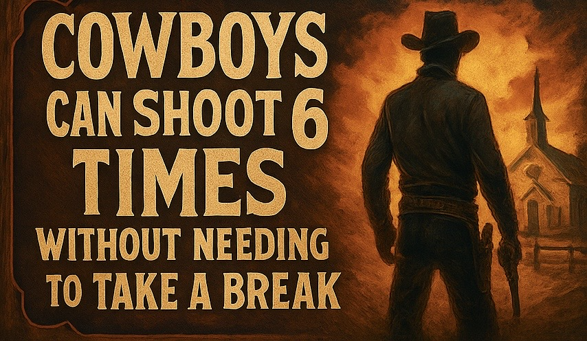M1012A COWBOYS CAN SHOOT 6 TIMES is artwork digitally printed on apparel and bags: t-shirt, tank, hoodie, denim jacket. black, white, red, blue, stonewash. S-3x. USA printed; Ships USA & Interntl. You can also upload your own art