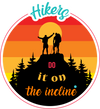 M1015A HIKERS DO IT ON THE INCLINE is artwork digitally printed on apparel and bags: t-shirt, tank, hoodie, denim jacket. black, white, red, blue, stonewash. S-3x. USA printed; Ships USA &amp; Interntl. You can also upload your own art